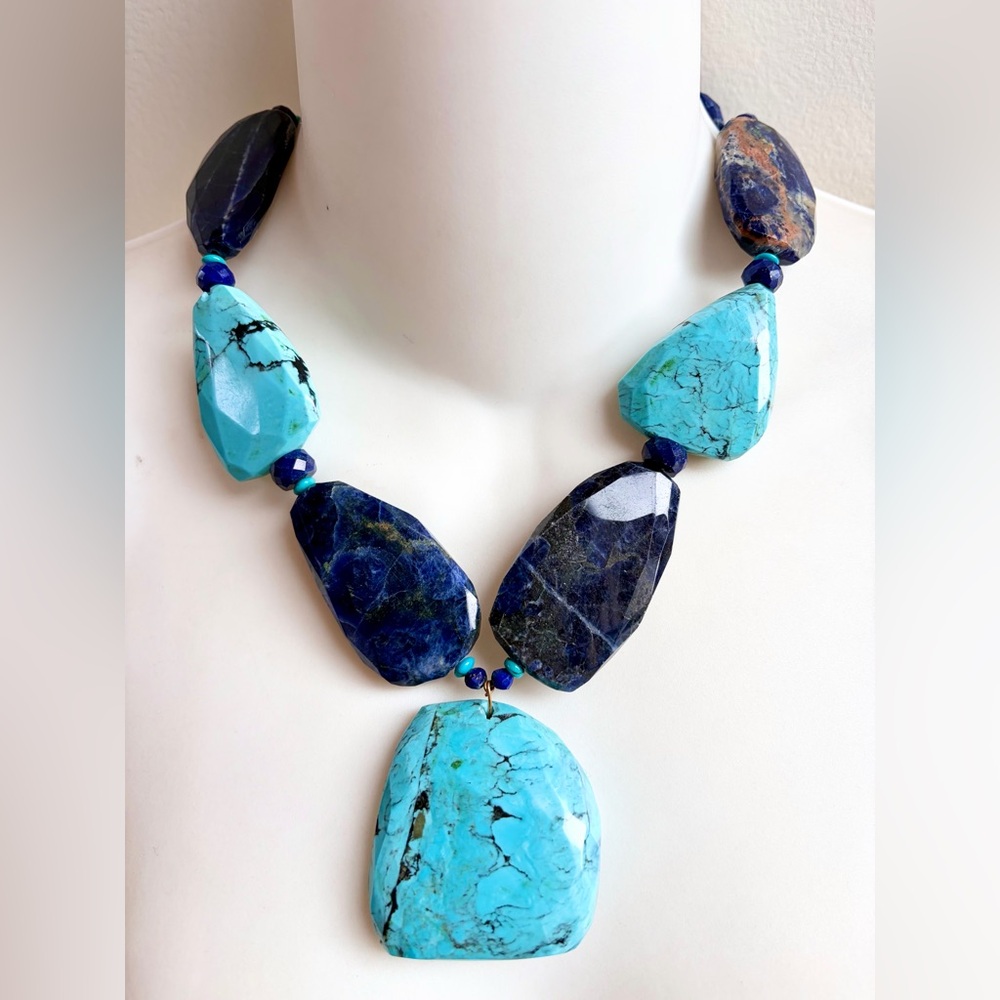 Chunky Lapis Lazuli & Turquoise Semi-Precious Gemstone Necklace $289